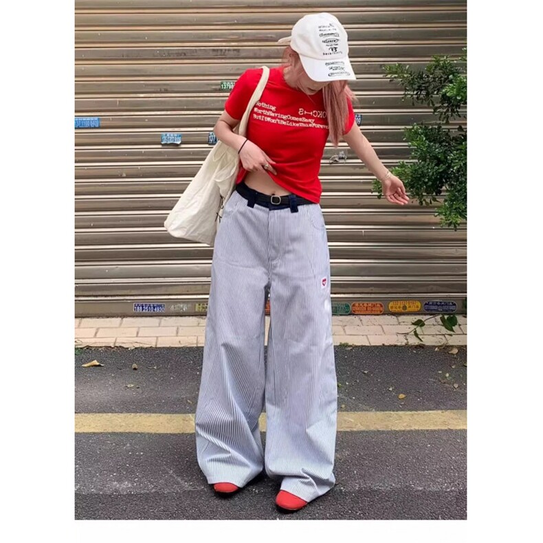 美式复古爱心刺绣竖条纹休闲裤男女小众宽松休闲阔腿拖地长裤简约,男装休闲裤,星座1210-1