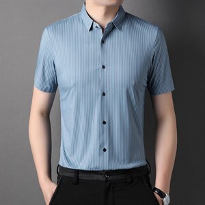 男士短袖衬衫冰丝无痕条纹商务休闲装夏季免烫高弹力中年上衣图片