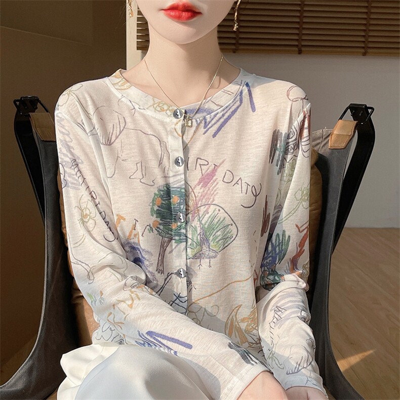圆领新款针织女长袖花色简约百搭宽松开衫上衣,针织衫/毛衣,绒宛羊绒