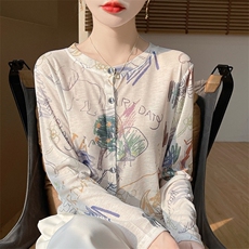 圆领新款针织女长袖花色简约百搭宽松开衫上衣，女装针织衫/毛衣，绒宛羊绒