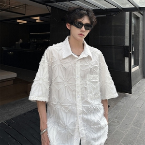 特批P35无差价夏季毛边纹理感嘻哈男美式大码休闲短袖衬衫CD5499图片