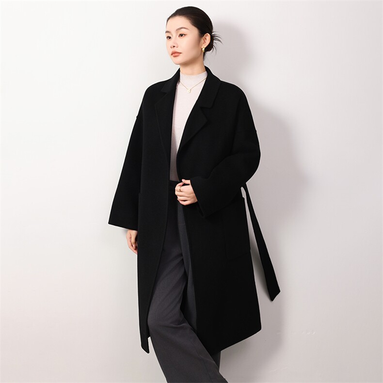 时尚百搭黑色羊毛双面呢大衣显瘦修身长款外套优雅气质女装，女装双面呢大衣，岳达羊绒
