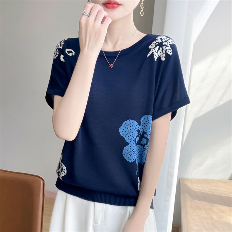 夏季新款简约莱赛尔天丝花朵蓝色短袖女宽松百搭显瘦时尚休闲上衣,女装T恤,暖娇绒包芯纱店