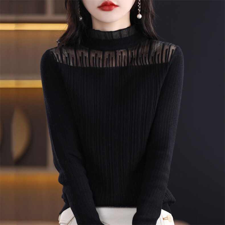 正品简织禾100纯羊绒衫女新款蕾丝拼接时尚长袖羊毛针织打底衫薄,针织衫/毛衣,暖烁羊绒