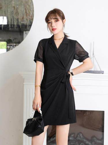 西装领纱袖显瘦连衣裙，女装西装，菲雪妮