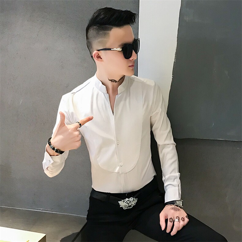 312A-836-P50新款立领纯色修身衬衫男发型师网红夜场工装衬衫-A，男装衬衫，星座312A-5