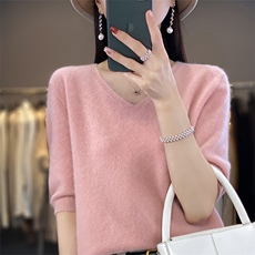 V领时尚套头纯色简约短袖羊毛针织衫2024年秋季，女装羊毛衫，暖圣羊羊绒