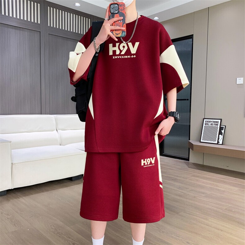 港风套装男休闲宽松时尚拼接色圆领短袖T恤短裤两件套-TZ1718-P57,男装牛仔裤,星座310B-3