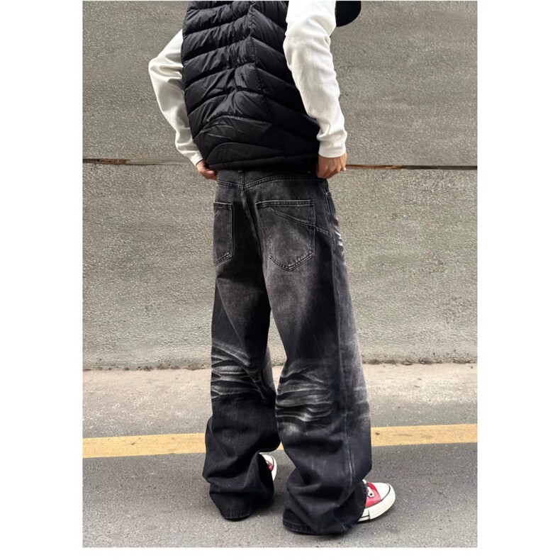 复古猫须纹水洗弯刀牛仔裤男款直筒美式微喇cleanfit裤子拖地宽松,男装牛仔裤,星座506A