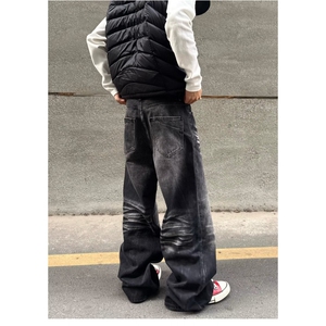 复古猫须纹水洗弯刀牛仔裤男款直筒美式微喇cleanfit裤子拖地宽松图片