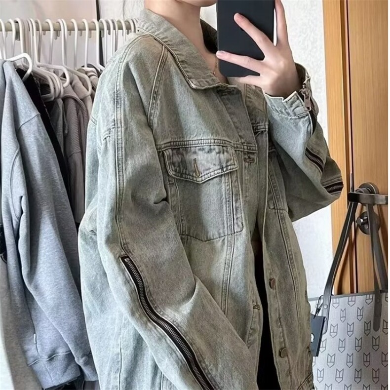 309-P60美式复古做旧牛仔外套女春秋冬季欧美拉德宽松设计感小众,男装工装外套,电商B323A