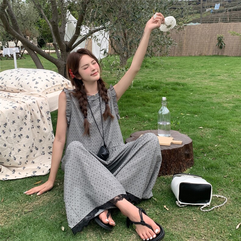 灰色减龄木耳边波点背心阔腿裤套装女2025夏新款韩系小个子两件套,女装套装/套裙,2C120