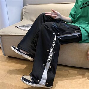 字母印花排扣运动裤男设计感拼接卫裤炸街vibe风休闲裤K2193-P38，男装休闲裤，星座1008-1