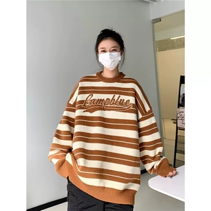 美式复古秋冬季字母圆领毛衣男慵懒风高级感潮牌情侣装针织衫外套图片