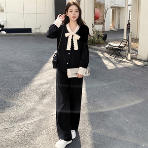 2024春季新款针织两件套蝴蝶结新年红色针织打底衫女高级短款套装图片