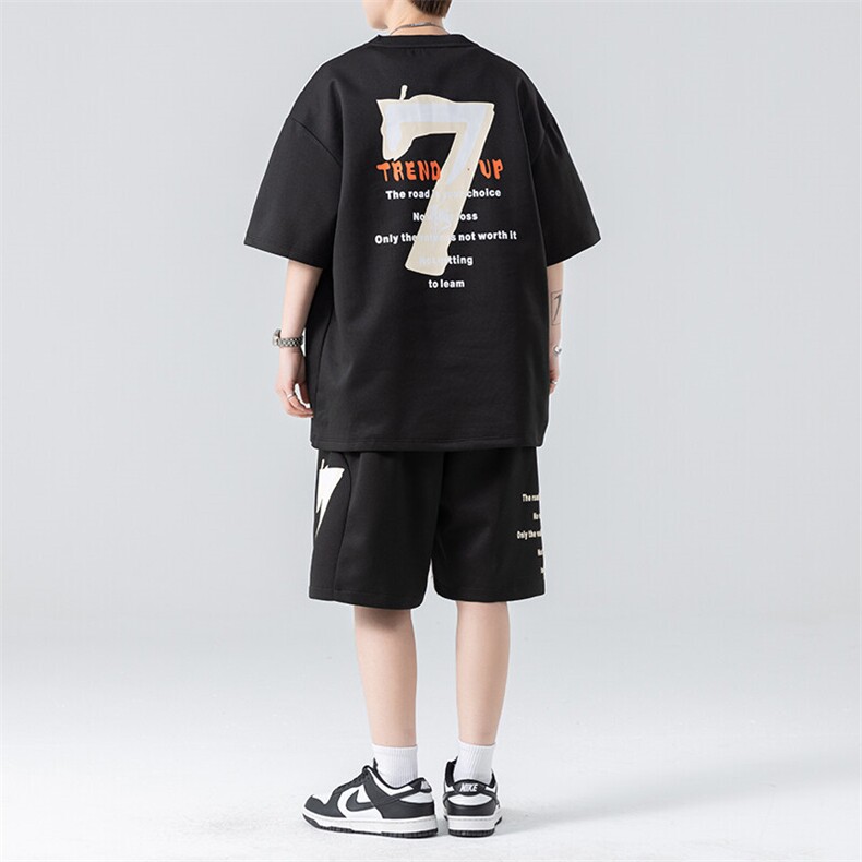 套装男夏季新款港风宽松拼接设计短袖T恤五分裤一套TZ6012特P45,男装T恤,星座301B-2（原A443-1）