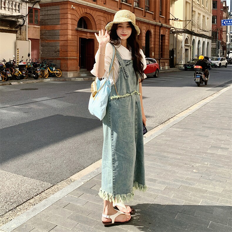 大货现货复古休闲宽松流苏毛边牛仔背带裙2919P125K178,女装连衣裙,2C029