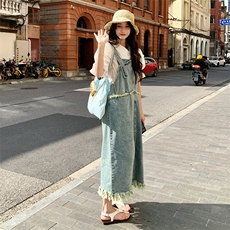 大货现货复古休闲宽松流苏毛边牛仔背带裙2919P125K178，女装连衣裙，2C029