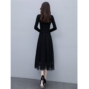 2023秋季新款半高领配花边四颗扣针织线衣蕾丝长款打底连衣裙，女装连衣裙，安之芮娜