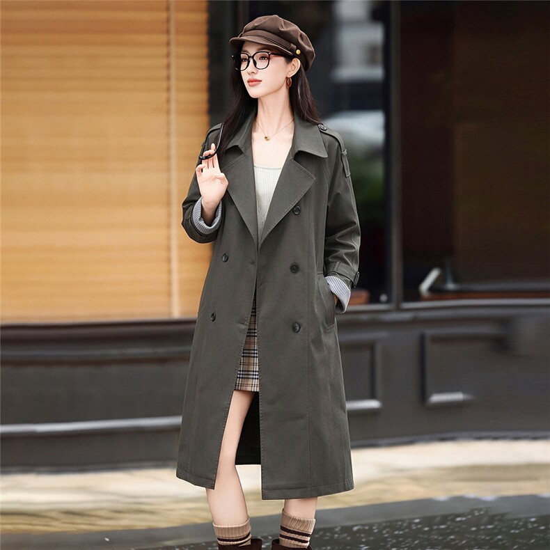 设计感女2026秋新款法式赫本风品质宽松撞色袖翻领中长款风衣外套,女装风衣,卡杰菲
