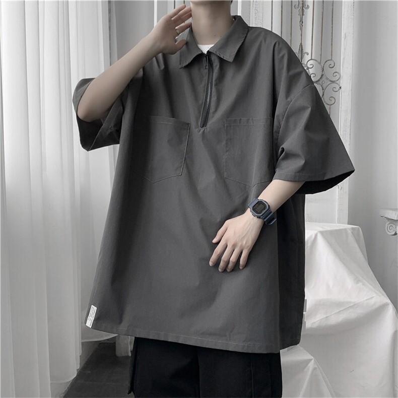 半拉链polo衫短袖男生夏季薄款日系t恤大码潮牌衬衫五分袖上衣服,男装衬衫,电商C323