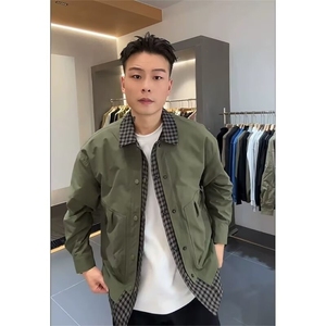 春秋季新款假两件格纹拼接设计款防风学院风休闲翻领夹克外套上衣图片