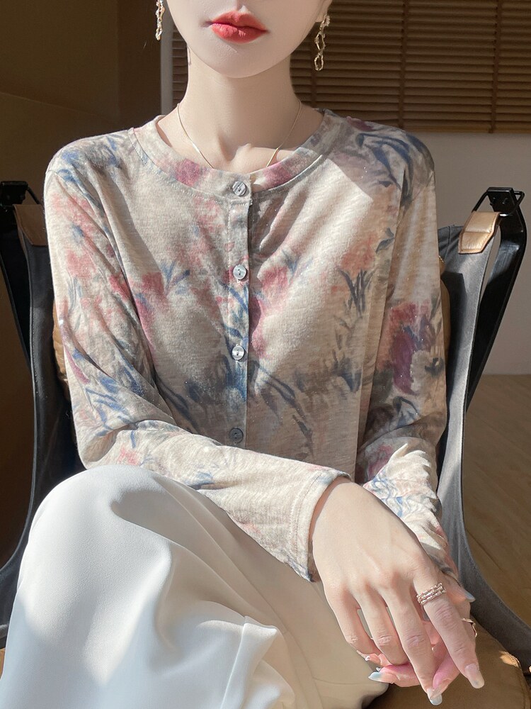 圆领新款针织女长袖花色简约百搭宽松开衫上衣,针织衫/毛衣,绒宛羊绒