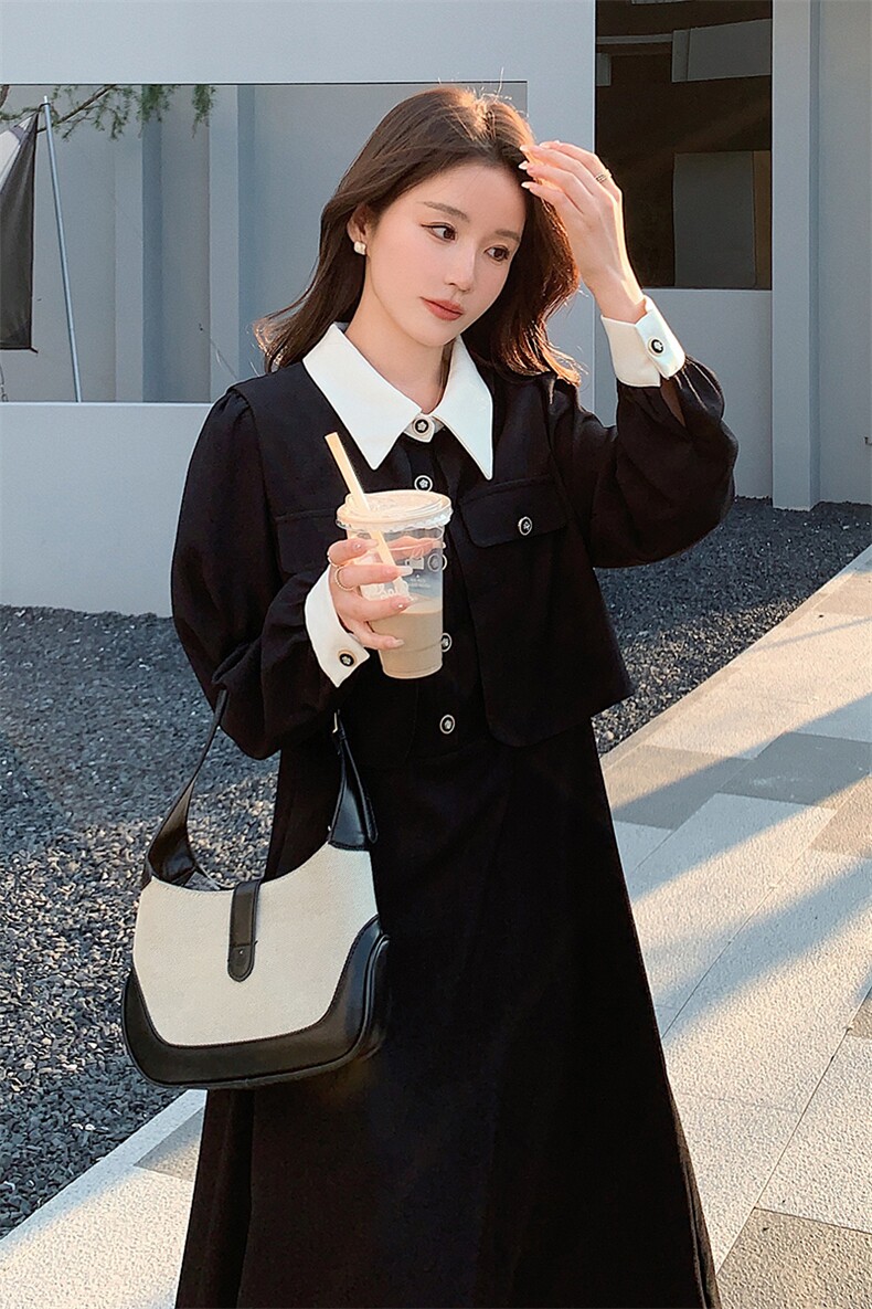 赫本风黑色衬衫连衣裙女春装2025年秋冬新款高级感长裙假,女装连衣裙,2C088