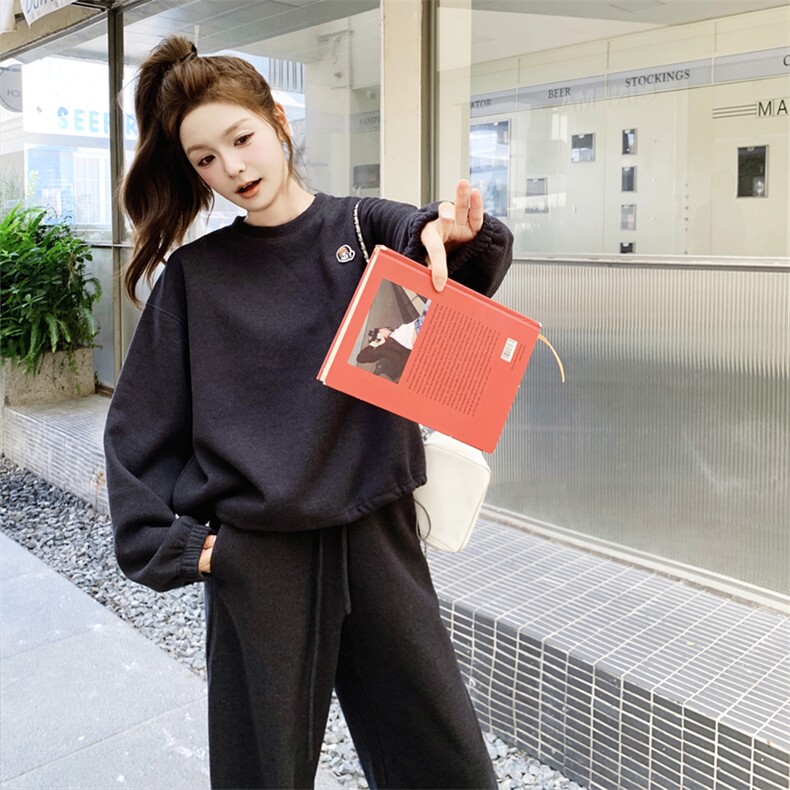 藏青色圆领卫衣套装女2025年秋季新款宽松慵懒风休闲阔腿裤两件套,女装套装/套裙,2C158