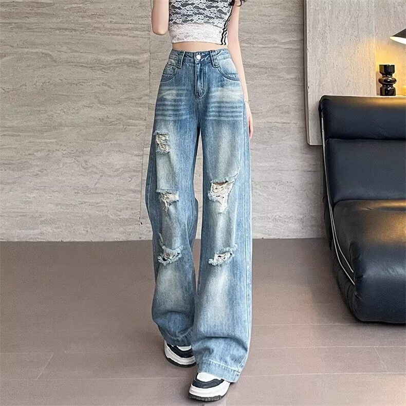 复古破洞阔腿牛仔裤女2025夏季薄浅蓝色破洞直筒牛仔裤女,男装牛仔裤,星座1210-1