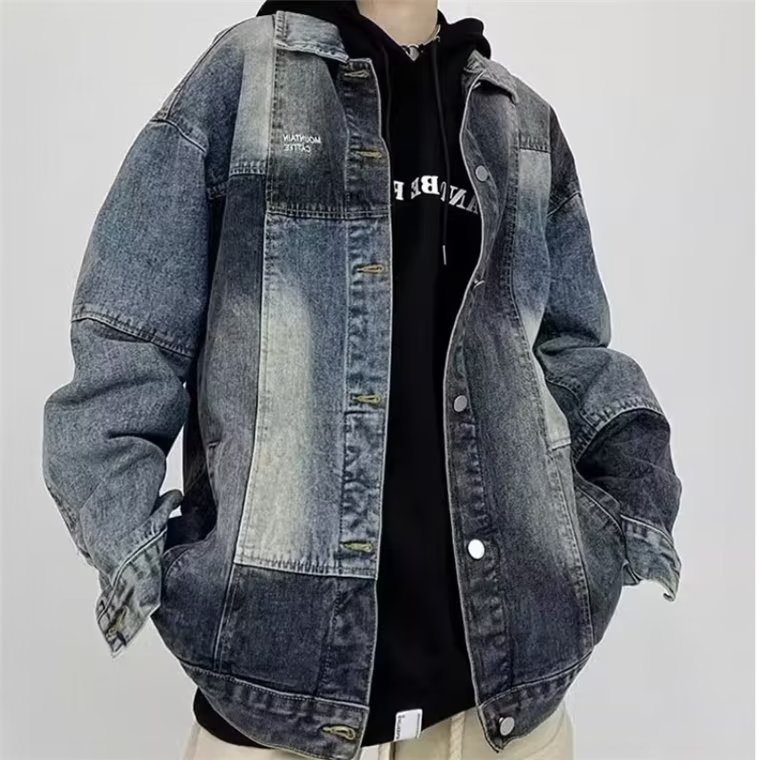 复古蓝拼接牛仔外套男2025春季宽松小众设计感拼色牛仔衣夹克上衣,男装工装外套,星座1210-1