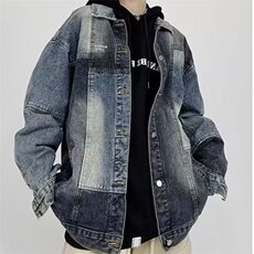 复古蓝拼接牛仔外套男2025春季宽松小众设计感拼色牛仔衣夹克上衣，男装工装外套，星座1210-1