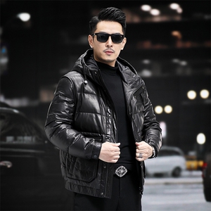冬季新款海宁羽绒服男连帽外套超薄小牛皮皮衣鹅绒服P870图片