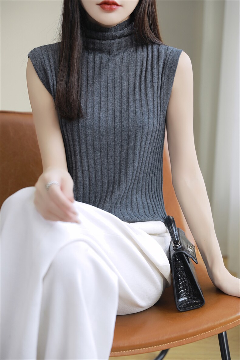 秋冬新款高领无袖背心女抽条堆领针织衫百搭显瘦打底衫,女装背心吊带,朝思羊绒