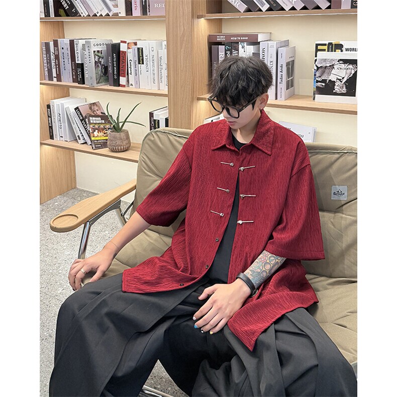 手缝飞机扣新中式冰丝短袖衬衫大码高级感唐装衬衣外套DC5009/P50,男装衬衫,电商B238