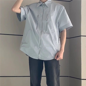 美式设计高级感衬衫男士短袖夏季款潮牌痞帅青少年生休闲衬衣外套图片