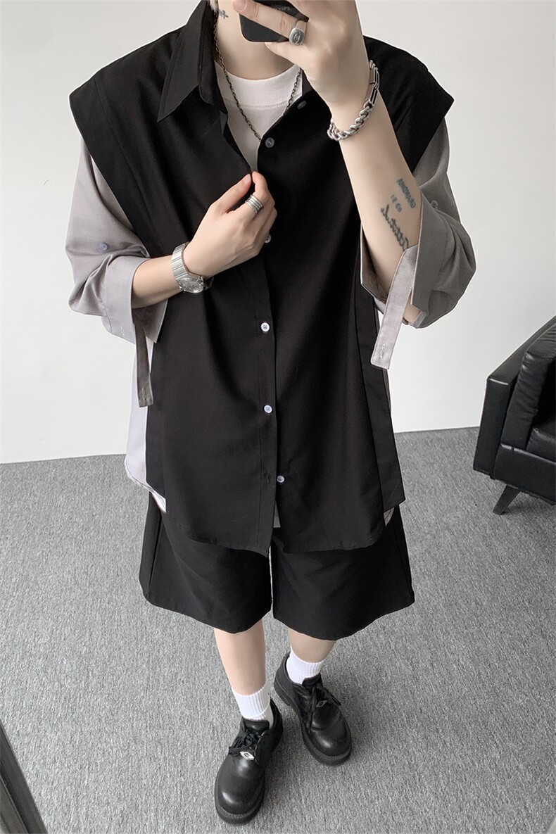 抗皱冰丝假两件拼接衬衫修身短裤套装商务百搭时尚套装显瘦特P68,男装休闲套装,电商B319