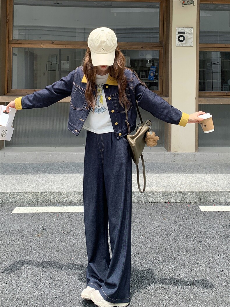 (新款现货）2026春装时尚针织牛仔拼接阔腿裤套装（两件套）,女装套装/套裙,印象茜