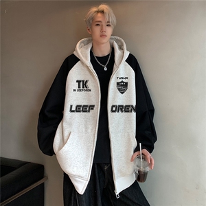 美式复古撞色插肩袖开衫卫衣男潮牌学院风休闲情侣外套JK119-P78图片