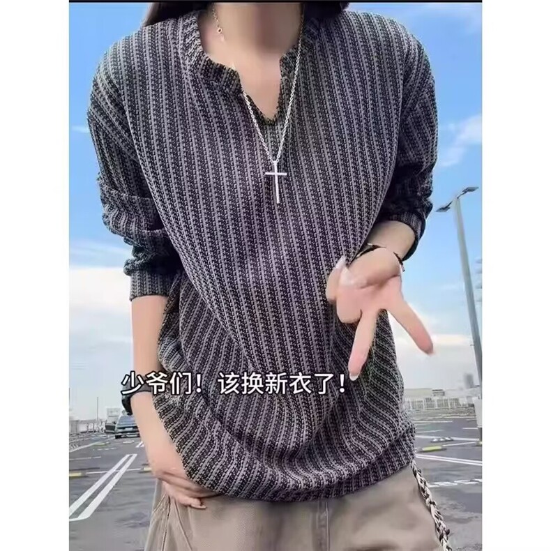 港风春款男女小V领卫衣条纹提花T恤外套WY576P48,男装T恤,星座1013-1