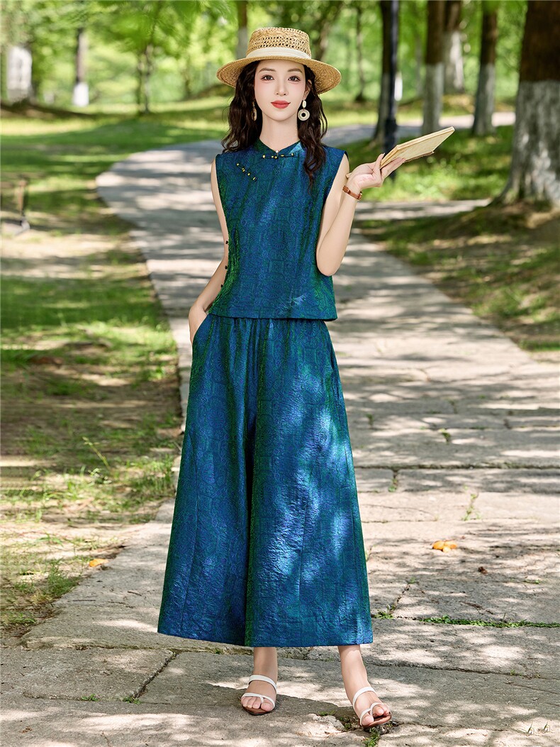 现货2026夏季新中式老钱风提花新款套装两件套,女装套装/套裙,伊仟回