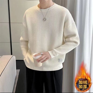 白色慵懒风毛衣男秋冬款高级感设计师款毛线衣潮牌加绒圆领打底衫图片