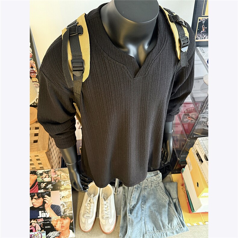 假模图亨利领坑条肌理感春季长袖T恤男宽松潮流V领外套打底衫P30，男装T恤，电商C306-1