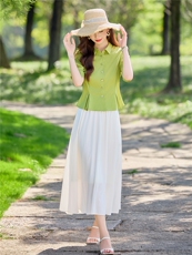 纯色短袖收腰版上衣白色半裙时尚搭配洋气套装女，女装套装/套裙，水衣源