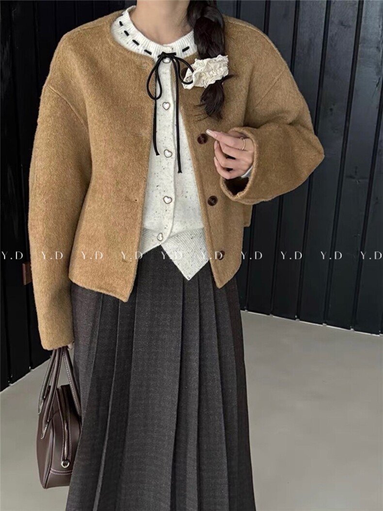 原价218.99!【依嘟】短款韩版冬小个子小香风宽松圆领羊，女装双面呢大衣，依嘟服饰