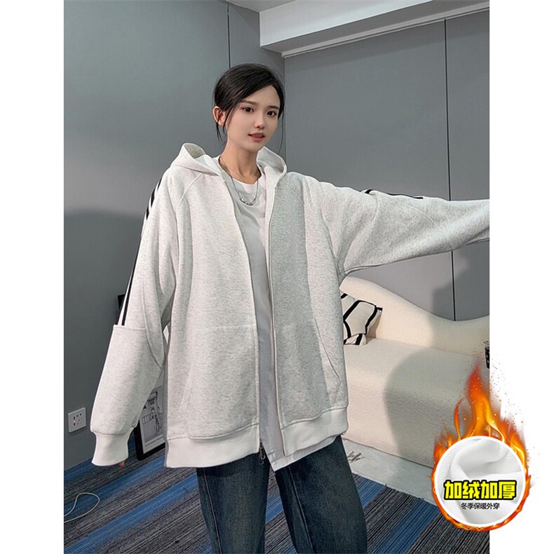 480G重磅加绒硬挺boxy男女秋冬美式高街结构三条杠卫衣开衫厚外套,女装短外套,电商A486-1