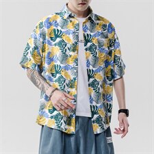2021夏季新日系大码男无影墙沙滩情侣休闲短袖印花衬衫C3023-P35，男装衬衫，电商A001