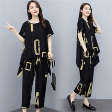 现货2026夏季新款时尚优雅气质纯色印花圆领舒适两件套大码套装，女装套装/套裙，尚洛菲