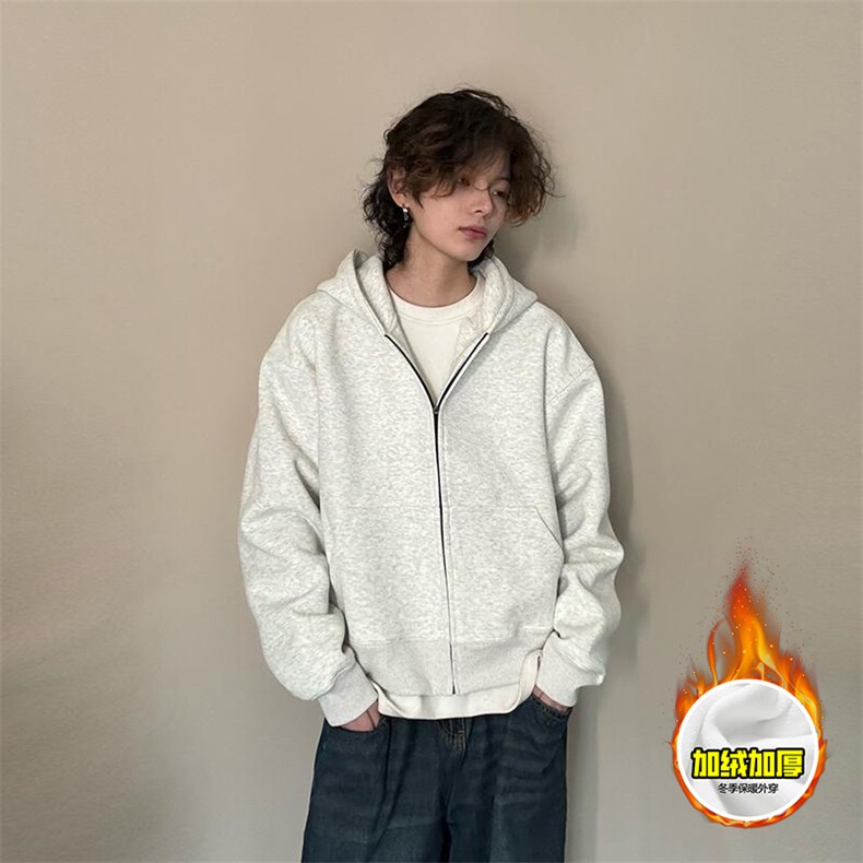 480G重磅加绒硬挺boxy男女秋冬美式高街结构无帽绳开衫卫衣厚外套，女装短外套，电商A486-1