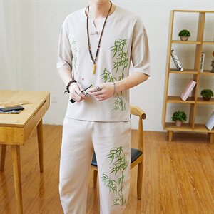 风男士短袖民族风禅修居士服中式绣花汉服唐装两件套TZ96图片